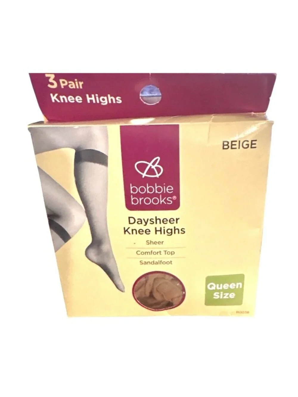 Womens Bobbie Brooks Knee Highs 3-Pr Sheer Comfort Top Sandalfoot Beige Queen Sz